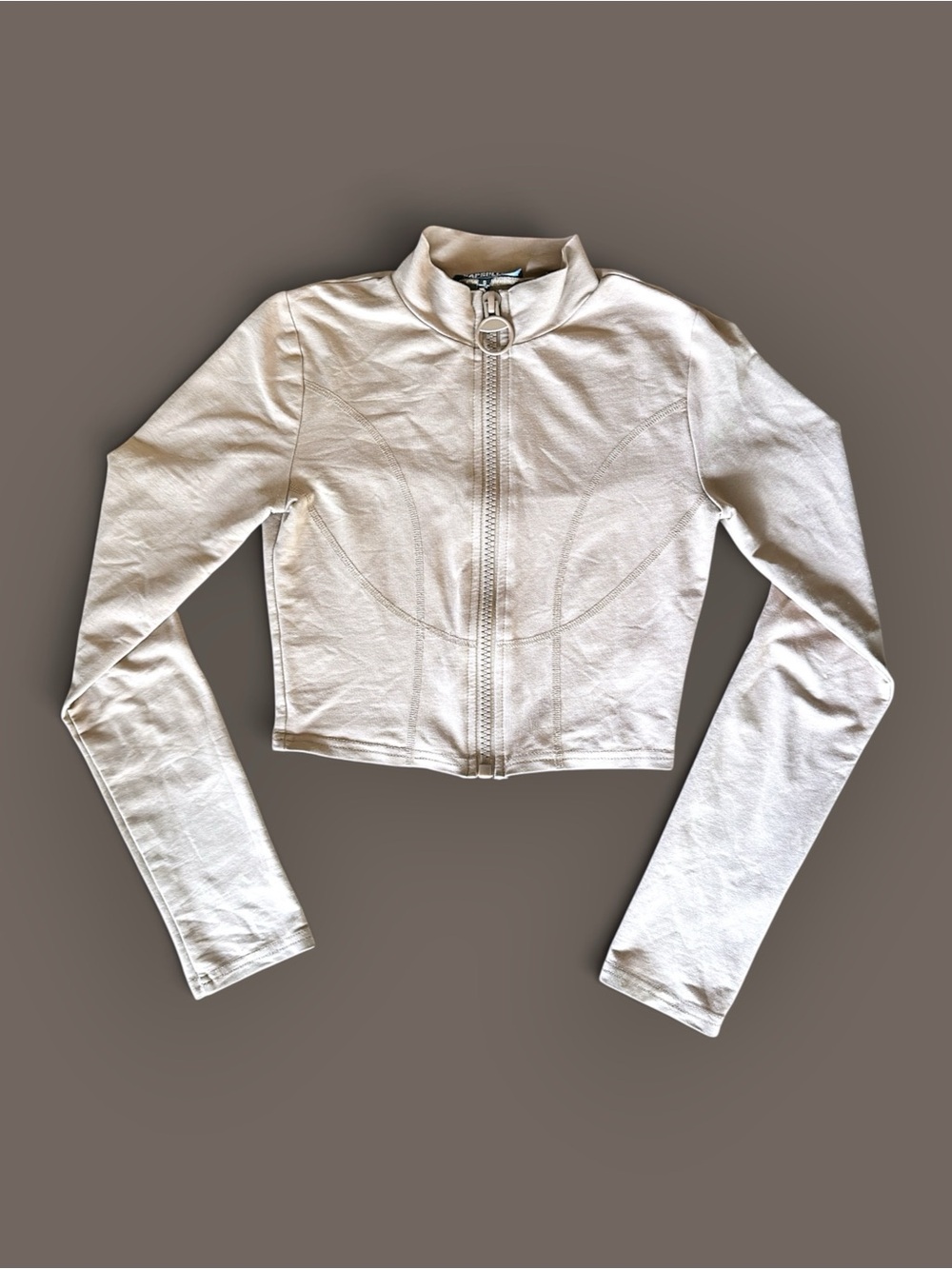 Capsulle Beige Corset Seam O Ring Zip Cropped Jacket Top Y2K S